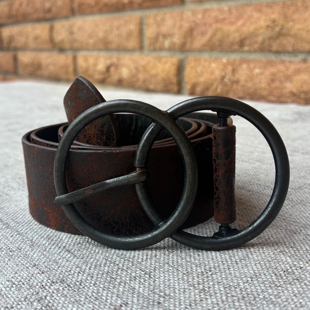 Vintage Double O-Ring Brown Leather Belt Matte Black Interlocking Circle Buckle